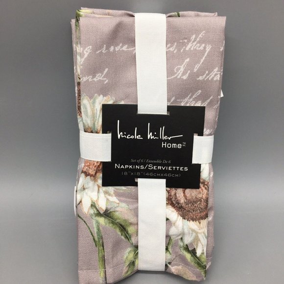 x6 Nicole Miller White Sunflower Script Fall Napkin Set Aqua Gray 18x18" Fabric - Picture 2 of 10